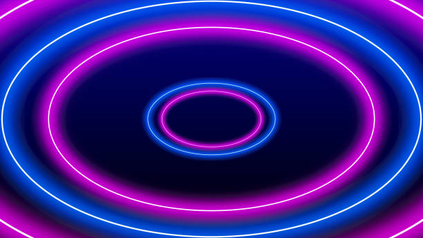 istock Circle oval ellipse neon light frame with copy space. Futuristic 3D blue pink laser light frame stage background 1203499289