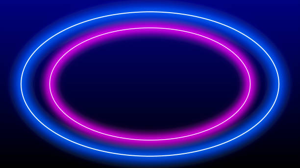istock Circle oval ellipse neon light frame with copy space. Futuristic 3D blue pink laser light frame stage background 1203499301