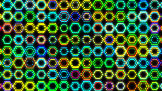 Hexagon neon light flash background. Futuristic 3D geometric shape rainbow colorful laser light stage background