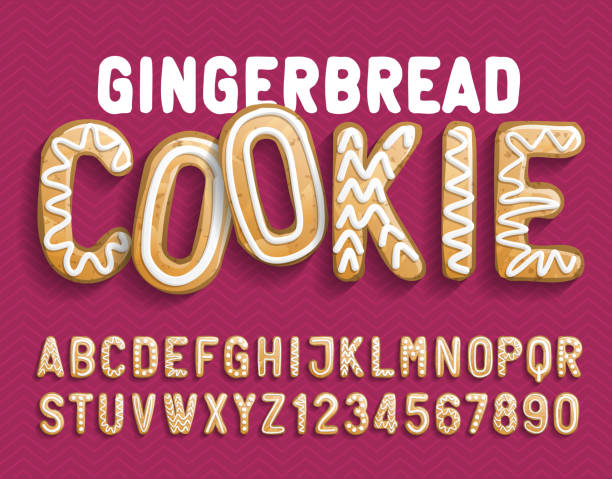 illustrations, cliparts, dessins animés et icônes de police d'alphabet de biscuit de pain d'épice de noel. lettres et nombres de dessin animé avec l'ombre. - pain dépice