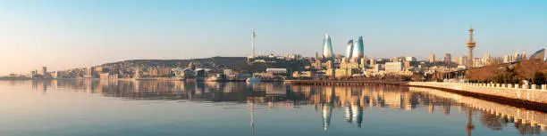Panoramic cityscape view of Baku in the morning, capital city of Azerbaijan. Flame tower.
