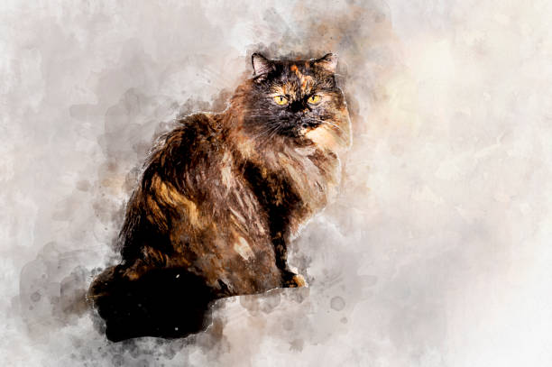 Fluffy black-haired cat sitting and looking sadly . Stylization in watercolor drawing.