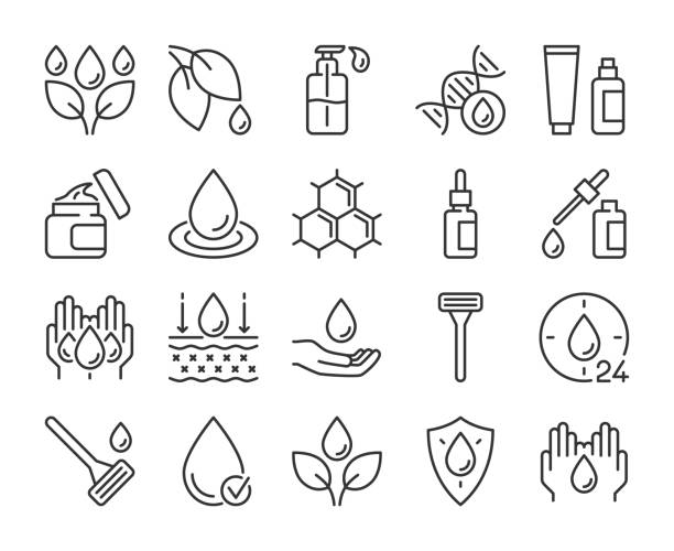 ilustraciones, imágenes clip art, dibujos animados e iconos de stock de icono de cuidado de la piel. natural skin care ingredients iconos de línea establecido. trazo editable. - ingrediente