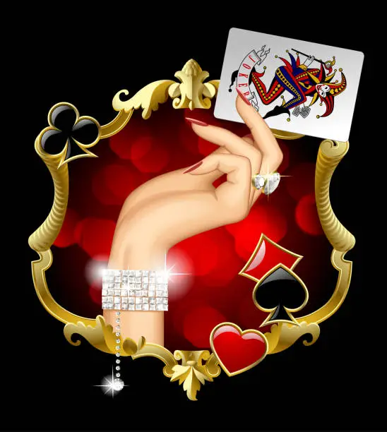 Vector illustration of Woman's hand with jewelry holding Joker playing card in the gold vintage decorative frame