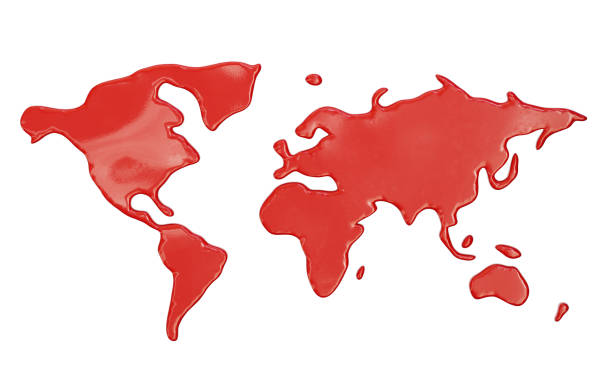 carte du monde faite de liquide rouge. peinture rouge renversée. illustration 3d - objects with clipping paths continent 3d render map photos et images de collection