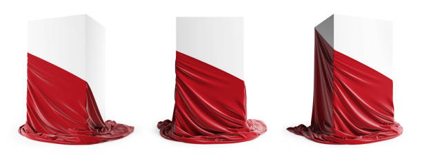 conjunto de pedestal de apresentação com um pano de seda vermelho. isolado em um fundo branco com caminho de recorte - red veil - fotografias e filmes do acervo