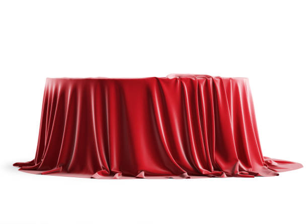 rundes podium mit rotem seidentuch bedeckt. isoliert auf weißem hintergrund mit clipping-pfad. - red veil stock-fotos und bilder