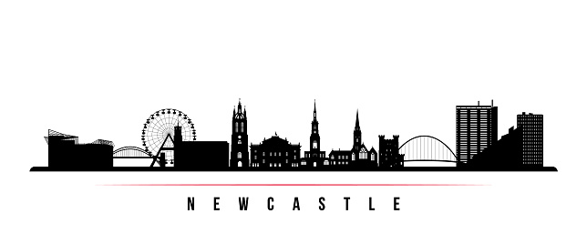 Newcastle skyline horizontal banner. Black and white silhouette of Newcastle, United Kingdom. Vector template for your design.