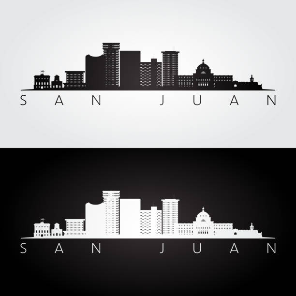 ilustrações de stock, clip art, desenhos animados e ícones de san juan skyline and landmarks silhouette, black and white design, vector illustration. - old san juan