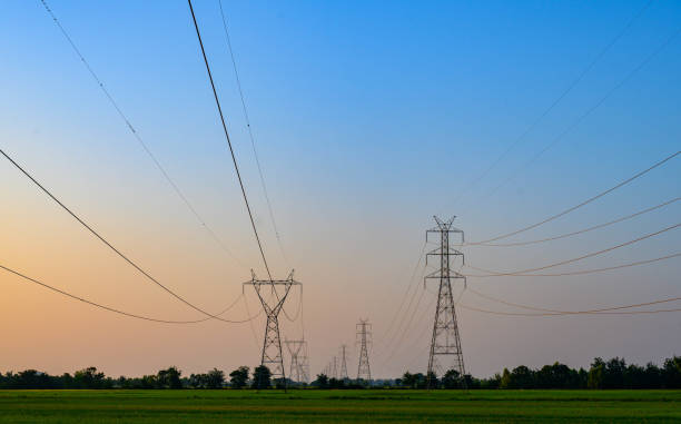 High voltage pole across rice field, Thailand. stock photo