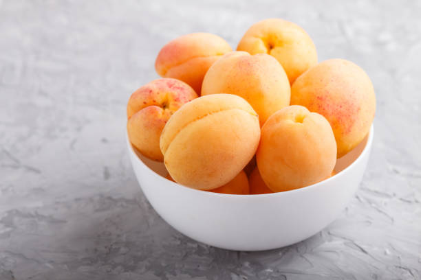 istock Fresh orange apricots in white bowl on gray concrete background. side view, close up, selective focus. 1203518542