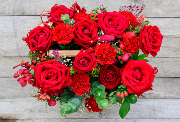 Bouquet of Red Roses from the Top View. stock photo