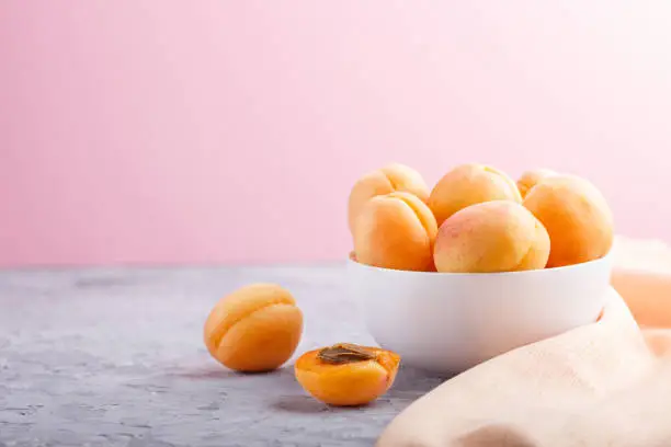 Fresh orange apricots in white bowl on gray and pink pastel background. side view, copy space, selective focus.