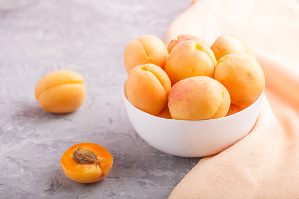 istock Fresh orange apricots in white bowl on gray concrete background. side view, selective focus. 1203518904