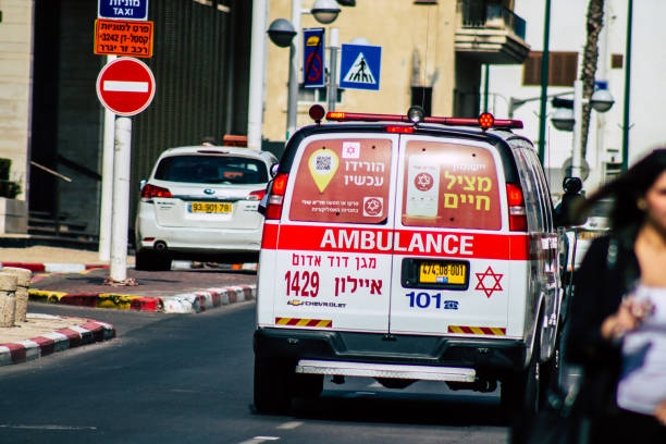 Colors of Israel Tel Aviv Israel January 28, 2020 View of a Israeli ambulance rolling in the streets of Tel Aviv in the afternoon ambulance in israel stock pictures, royalty-free photos & images