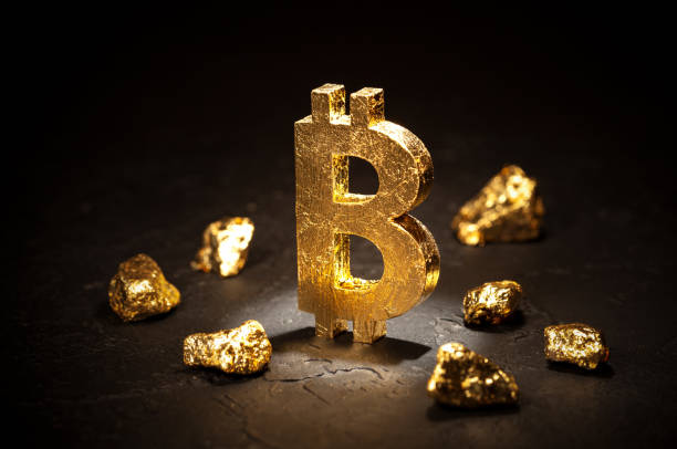 Gold sign bitcoin and gold nuggets 