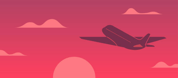 Airplane flying in the sky at sunset vector illustration. Concept vacation with plane and red sunset background Airplane flying in the sky at sunset vector illustration. Concept vacation with plane and red sunset background airport sunrise stock illustrations