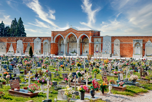 Vienna, Austria - October 03, 2019 - Beautiful aged gravestones at the Central cemetery in Vienna, Austria