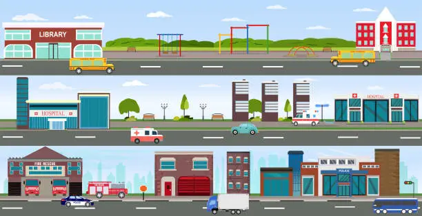 Vector illustration of Vector of urban cityscape and rural area