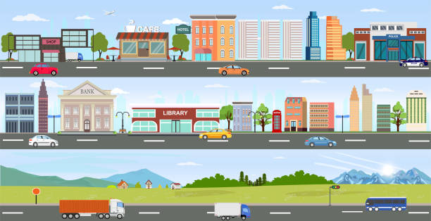 vektor der urbanen landschaft mit modernen gebäuden und vororthintergrund mit bergen und hügeln, straßen, autobahnen und vorbei an autos. - riverbank stock-grafiken, -clipart, -cartoons und -symbole