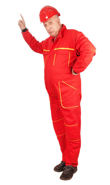 istock Worker laborer building head chief is showing something with finger gesture 1203530035