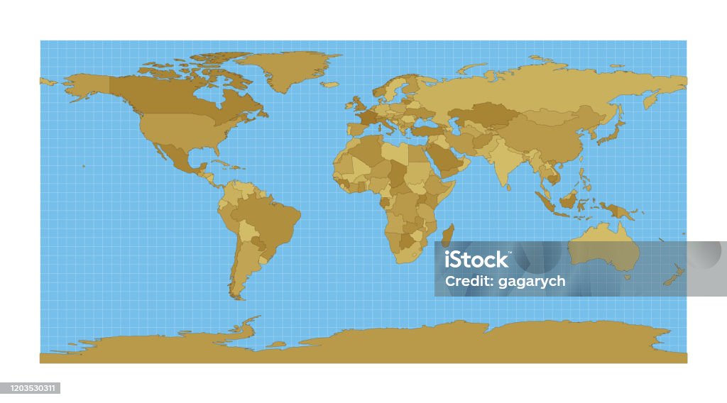 World Map. equirectangular (plate carree) projection. World Map. equirectangular (plate carree) projection. Map of the world with meridians on blue background. Vector illustration. Arrival stock vector World Map. equirectangular (plate carree) projection. World Map. equirectangular (plate carree) projection. Map of the world with meridians on blue background. Vector illustration. Arrival stock vector