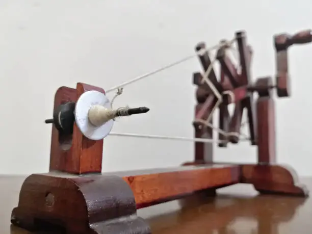 Photo of Mahatma Gandhi's Spinning Wheel (Charkha), in focus front view