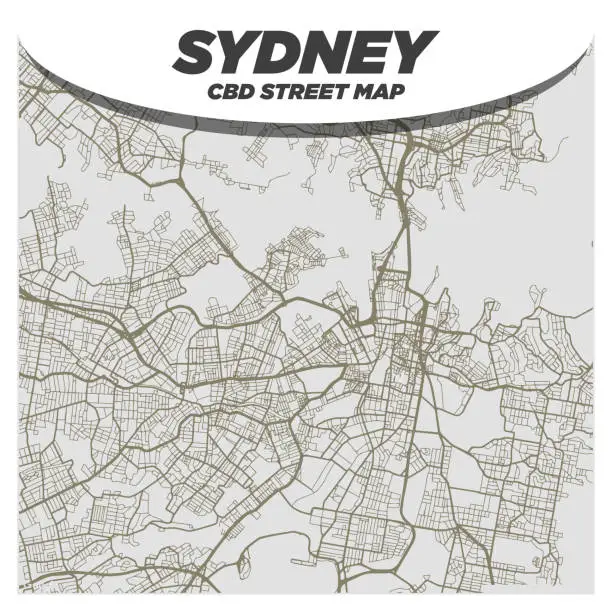 Vector illustration of Creative and Bold Black & White City Street Map of Sydney Australia CBD Central Downtown District