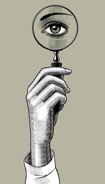Woman's hand holding a magnifying glass with eye inside. Retro style search sign and icon. Vintage engraving stylized drawing. Vector illustration