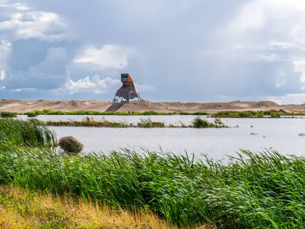 Watchtower and marshland on manmade artificial island Marker Wadden, Markermeer, Netherlands