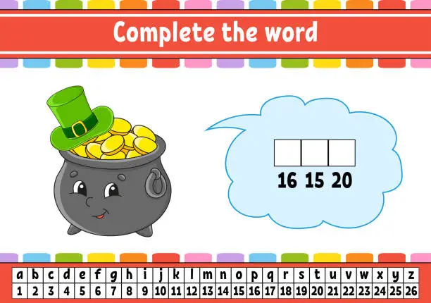 Vector illustration of Complete the words. Cipher code. Learning vocabulary and numbers. Pot of gold in hat. Education worksheet. Activity page for study English. Isolated vector illustration. Cartoon character.