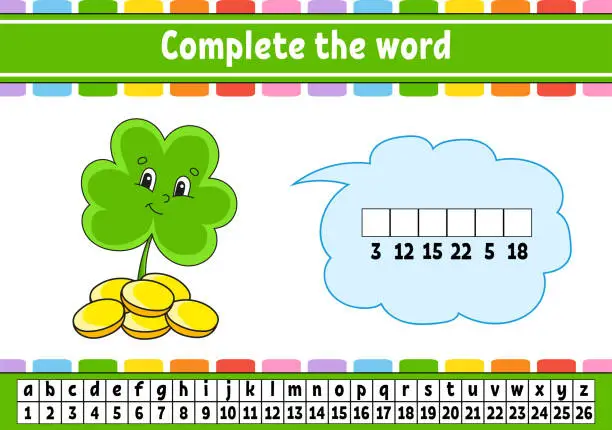 Vector illustration of Complete the words. Cipher code. Clover with coins. Learning vocabulary and numbers. Education worksheet. Activity page for study English. Isolated vector illustration. Cartoon character.