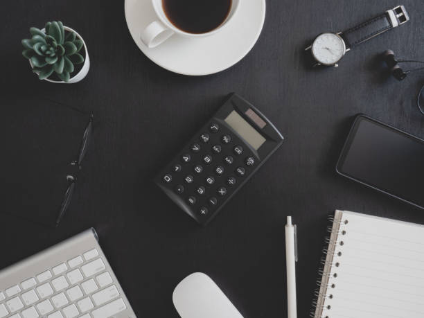 top view of office desk table with coffee cup and notebook on white background, graphic designer, creative designer concept. - isolated on white breakfast cafe office imagens e fotografias de stock