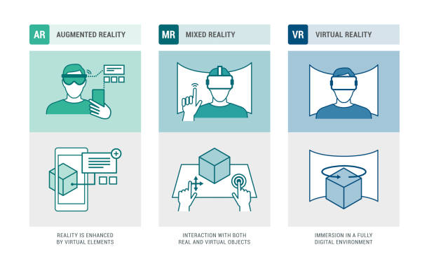 illustrations, cliparts, dessins animés et ic�ônes de réalité augmentée, réalité mixte et infographie de réalité virtuelle - computer equipment virtual reality simulator mathematics technology