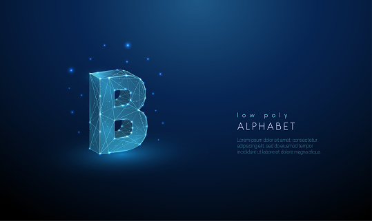 Abstract letter B. Low poly style design. Abstract geometric background. Wireframe light connection structure. Modern 3d graphic concept. Isolated vector illustration.