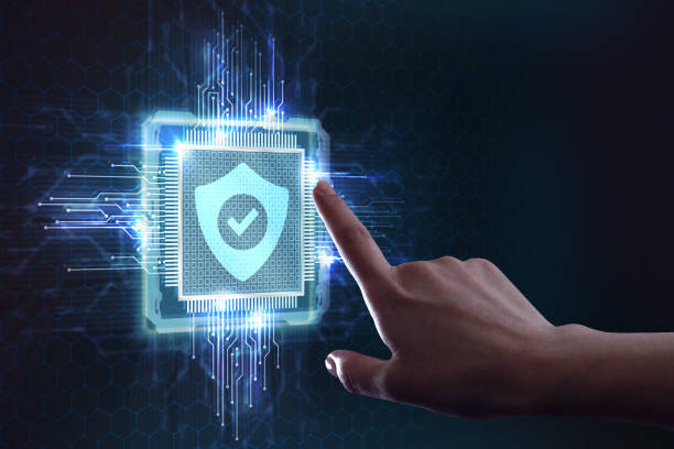 Cyber security data protection business technology privacy concept. Young businessman  select the icon security on the virtual display.