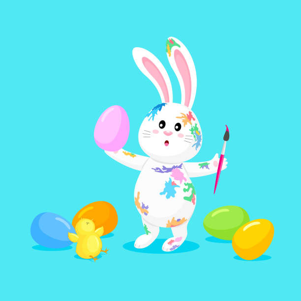 白ウサギはイースターエッグを描きます。 - easter color image animal illustration and painting点のイラスト素材／クリップアート素材／マンガ素材／アイコン素材