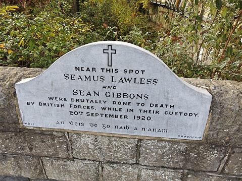 3rd February 2020, Balbriggan, North County Dublin, Ireland. Memorial plaque on the bridge over Bracken river in Balbriggan town for Seamus Lawlwss and Sean Gibbons who were killed by British forces.