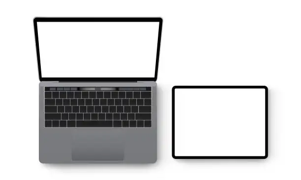 Vector illustration of Laptop and tablet computer mockup, view from above