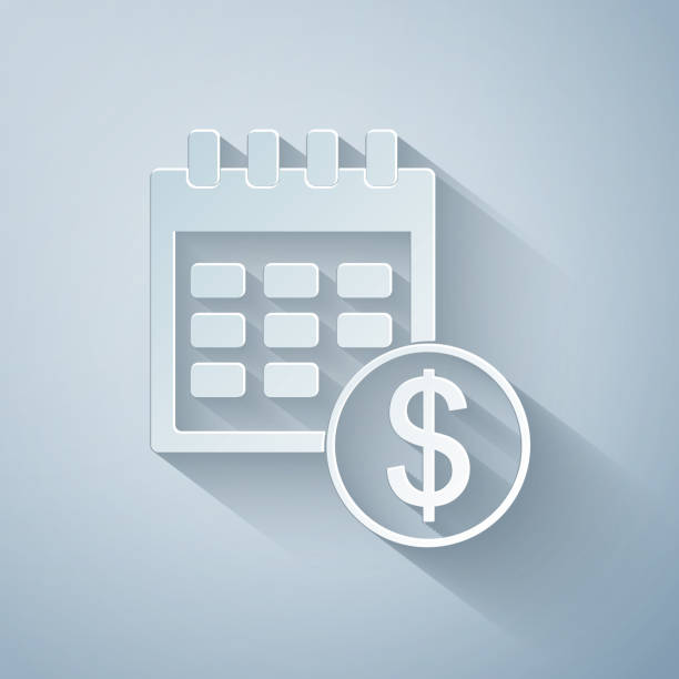Paper cut Financial calendar icon isolated on grey background. Annual payment day, monthly budget planning, fixed period concept, loan duration. Paper art style. Vector Illustration Paper cut Financial calendar icon isolated on grey background. Annual payment day, monthly budget planning, fixed period concept, loan duration. Paper art style. Vector Illustration making money origami stock illustrations