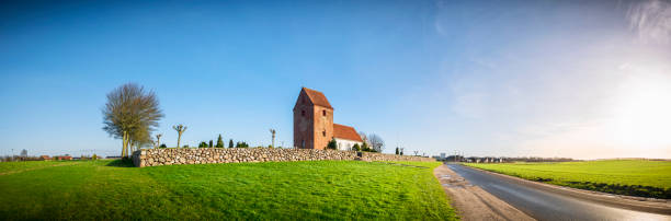 Panorama landscape with a church stock photo
