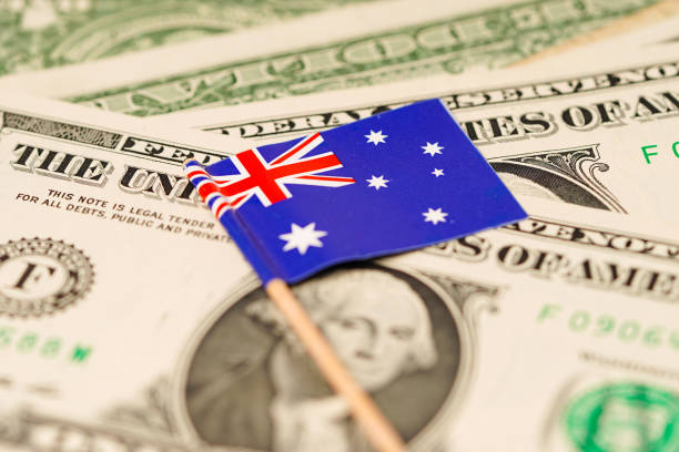 Australia flag on dollar banknotes background :  Banking Account, Investment Analytic research data economy, trading, Business company concept.