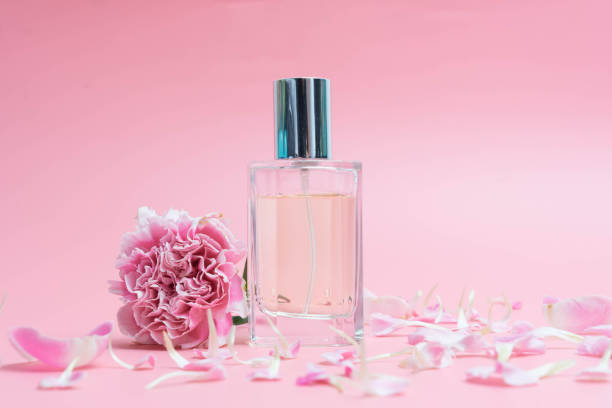 istock Beautiful perfume bottles on pink background 1203551963