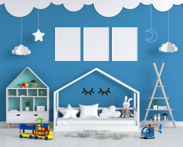 istock Three empty photo frame for mockup in classic blue child bedroom 1203552280