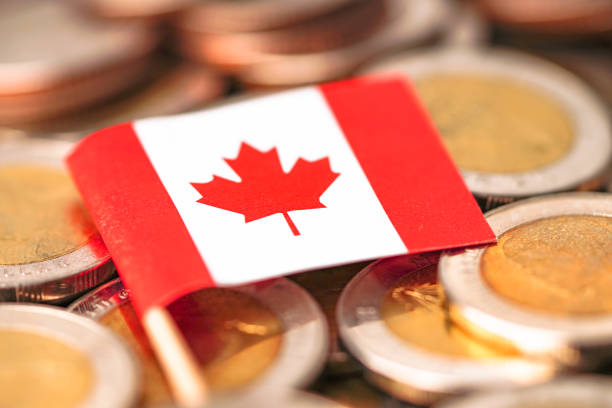 bandiera canadese sullo sfondo delle monete: concetto commerciale e finanziario. - banconota del dollaro canadese foto e immagini stock