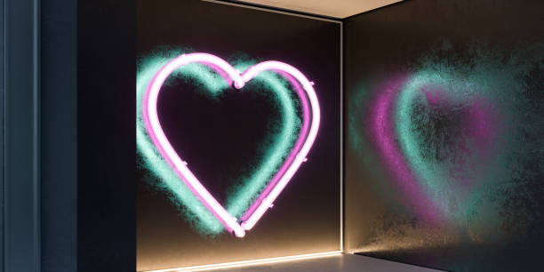 istock Pink Neon Lighted Heart With Light Green Shadow On Glossy Wall. 3d Rendering. 1203552663