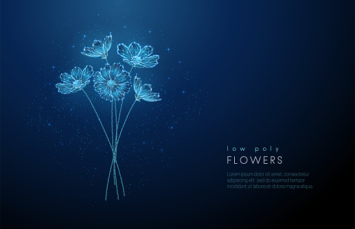 Abstract blooming bouquet of flowers . Low poly style design. Abstract geometric background. Wireframe light connection structure. Modern 3d graphic concept. Isolated vector illustration.