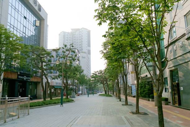 Suwon, South Korea - June 24, 2018: empty pedestrian zone at sunrise  in Suwon, Republic of Korea