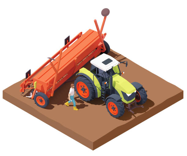 vektorisometrischer traktor mit sämaschine - green crop tractor planting stock-grafiken, -clipart, -cartoons und -symbole