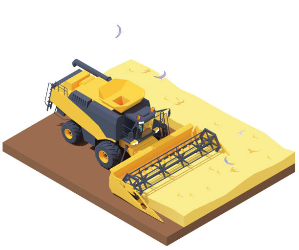 kombajn izometryczny wektorowy na polu pszenicy - isometric combine harvester tractor farm stock illustrations